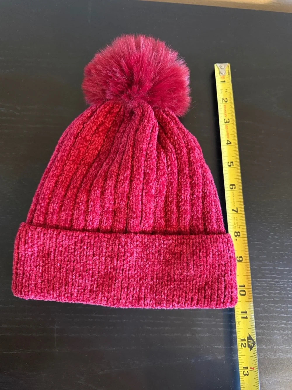 Cranberry Red Chenille Ribbed Knit Beanie Faux Fur Pom Pom Winter Hat OS